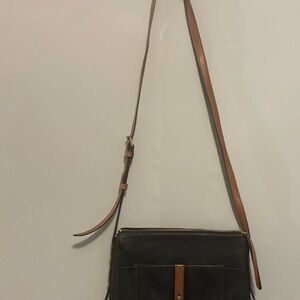 Fossil Black Leather Crossbody with Brown Strap